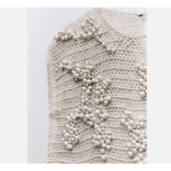 ZARA KNITWEAR TOP WITH FAUX PEARLS LIMITED EDITION LIGHT GREY S M REF. 7521/107 - Picture 6 of 12